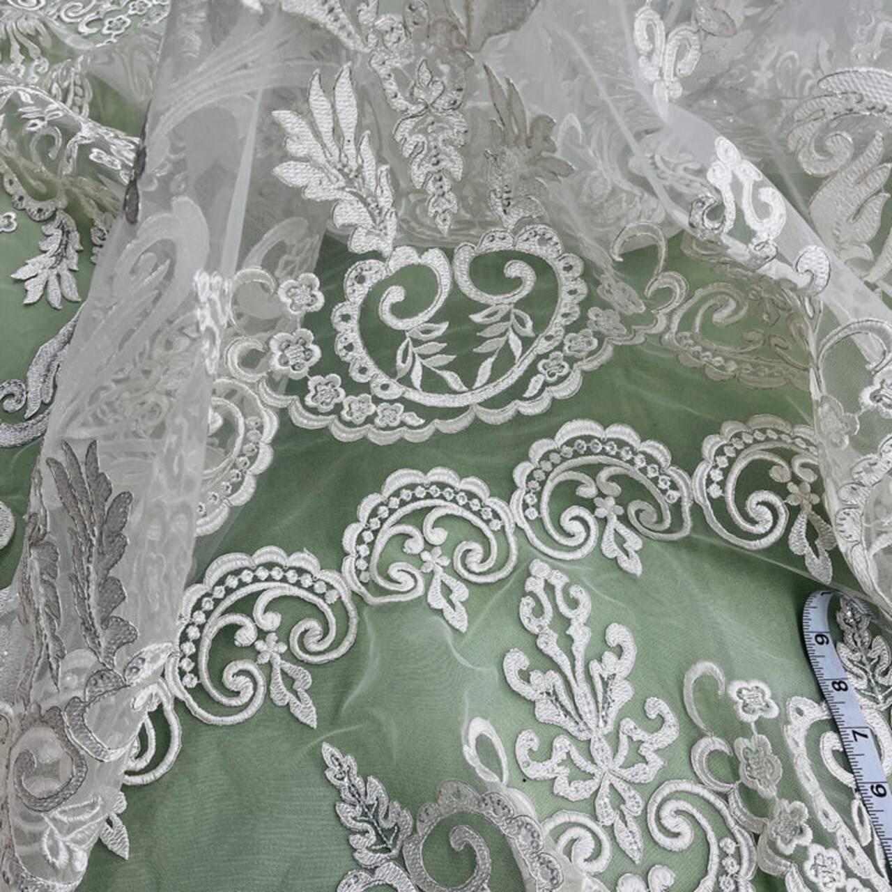 1 Yard Beaded and Corded Bridal Lace Fabric for Elegant Dresses White